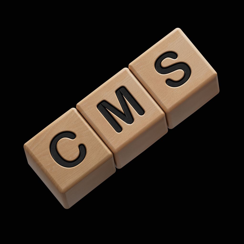 cms, questions and answers on wooden cubes.close up of wooden elements,Business Concept.3D rendering on black Screen for footage and clipping path.