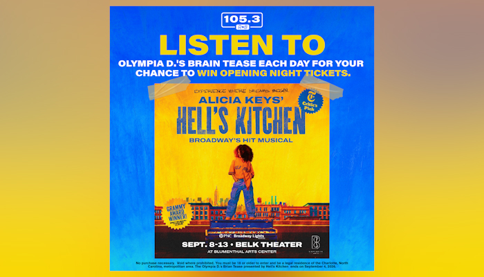 Poster for the Broadway musical "Alicia Keys' Hell's Kitchen" featuring a cityscape backdrop and a person standing in the foreground.